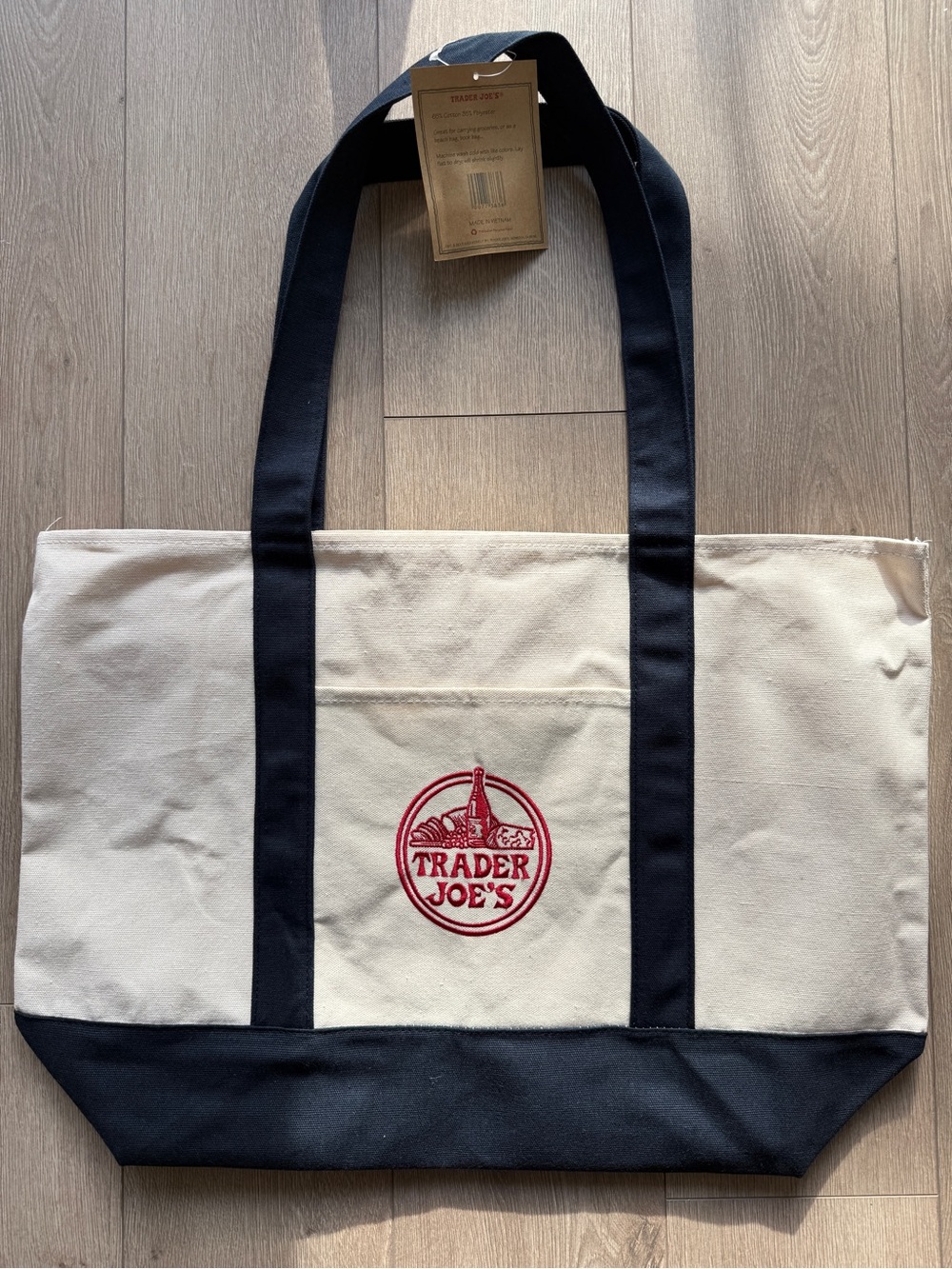 Trader Joe's Cream and Black Canvas Tote Bag